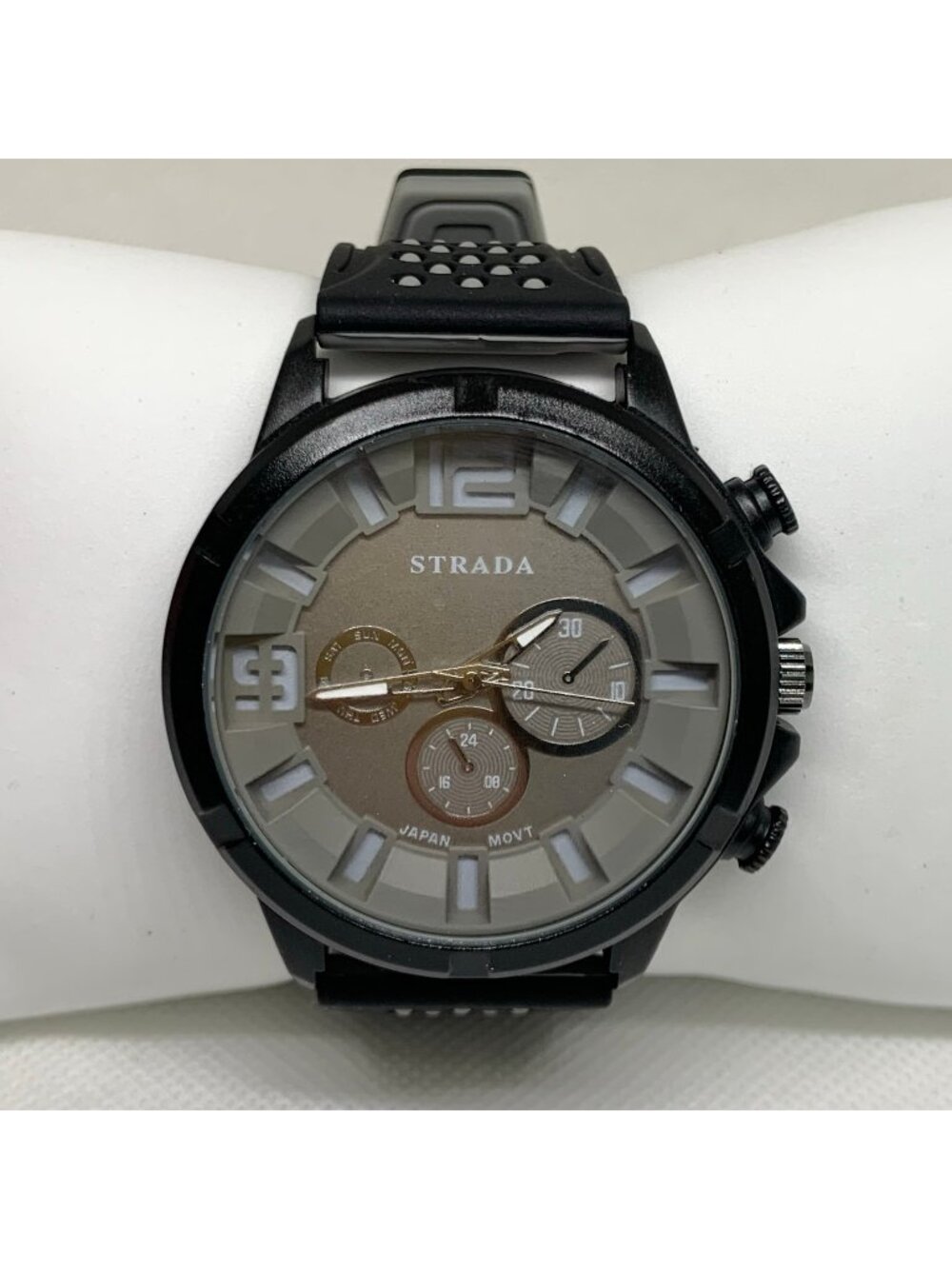 Strada men’s watch black tone 48mm quartz analog black gray silicone running